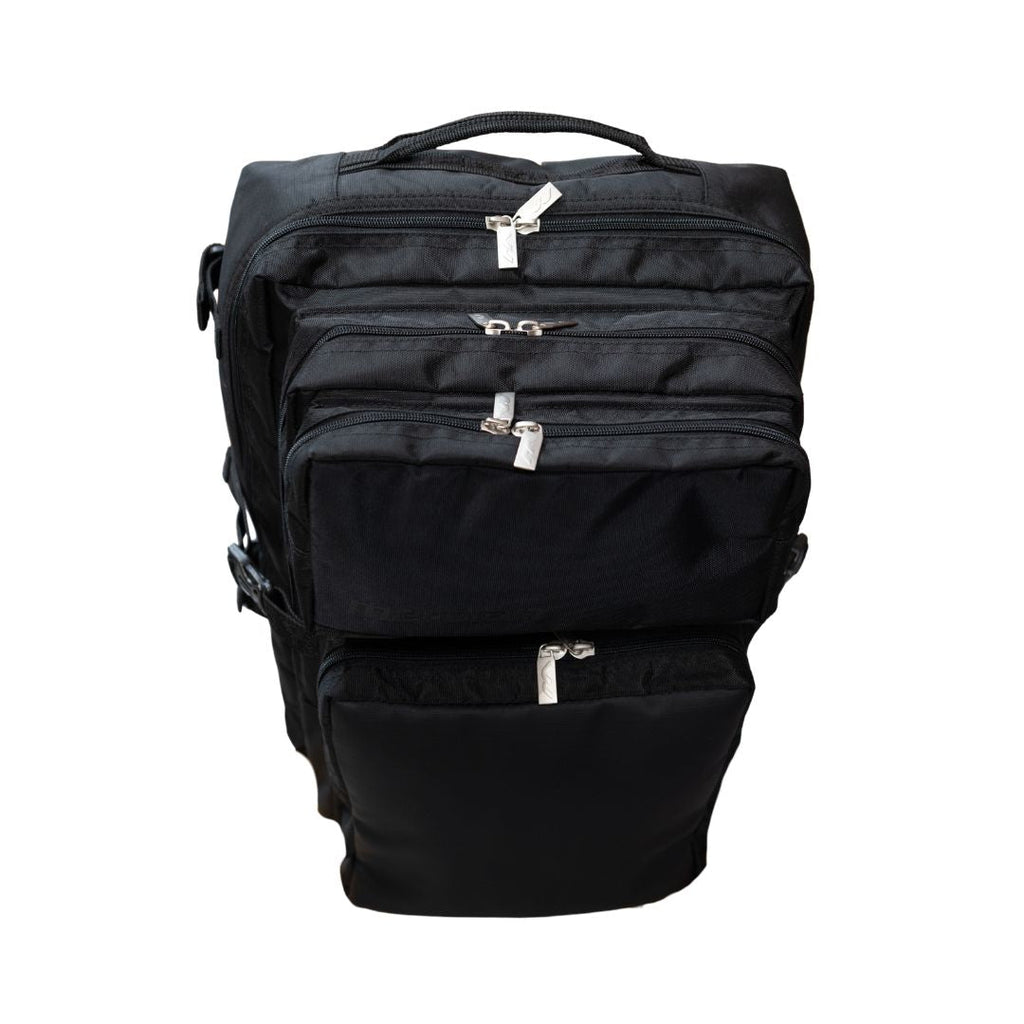 Mercian HOEL26BLK black hockey backpack angled front view with multi-zip storage compartments and carry handle