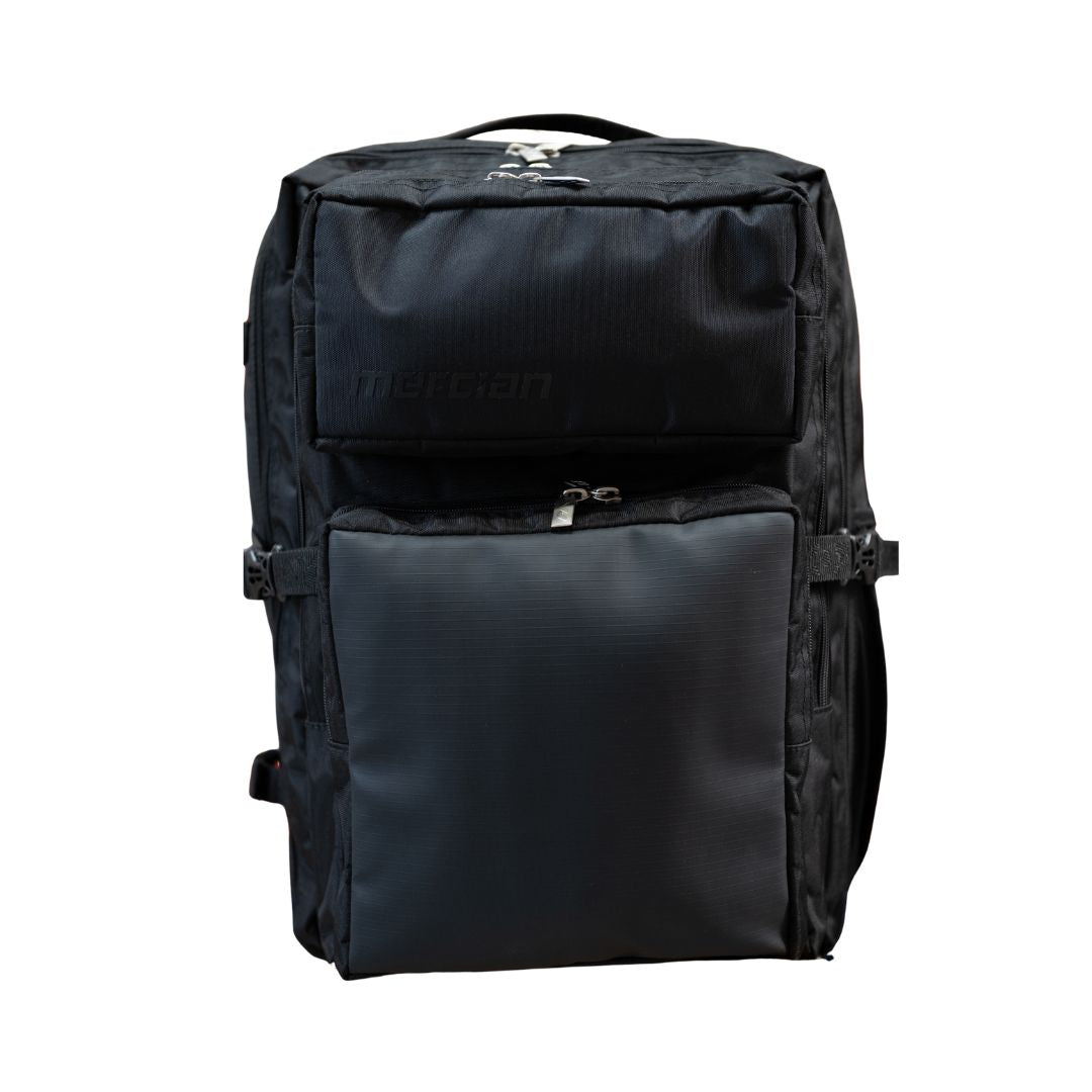 Mercian HOEL26BLK black hockey backpack front view with multiple storage compartments and adjustable side straps